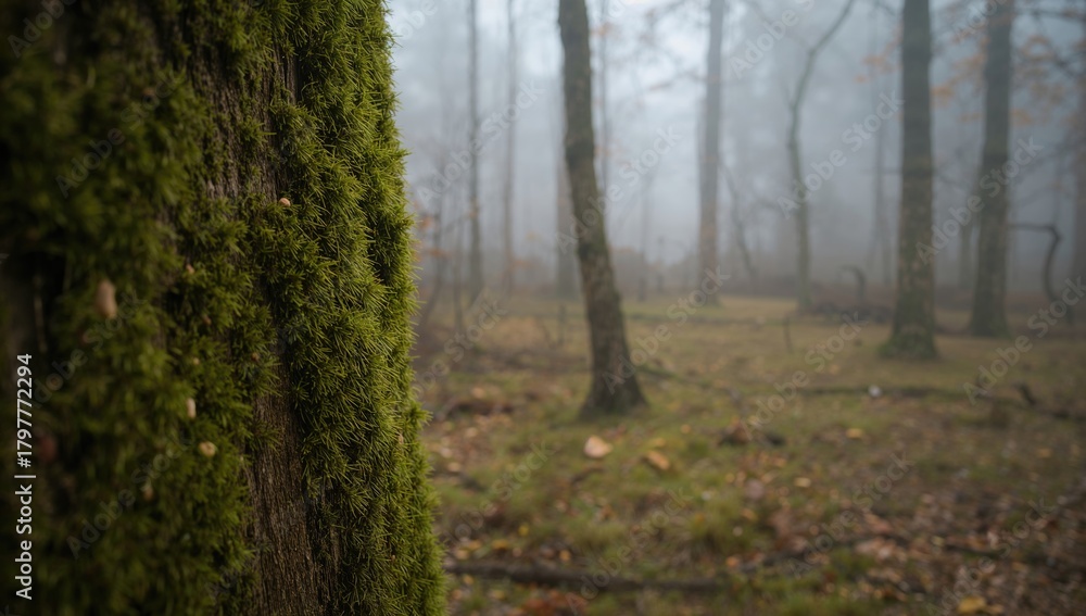 Fototapeta premium Moss-covered tree in winter setting, highlighting erosion risk