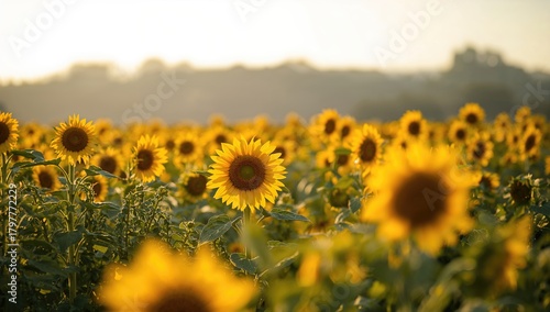 A vibrant sunflower field under bright sunlight, showcasing seasonal beauty and the essence of summer