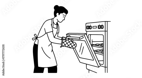 Vector of a person baking cookies, opening an oven door, clean line illustration, isolated