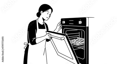 Vector of a person baking cookies, opening an oven door, clean line illustration, isolated