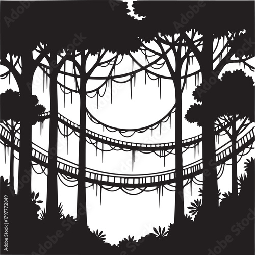 Isolated a kind of jungle scene with hanging vines or bridges vector silhouette depicting tropical adventure exploration wildlife and exotic forest realms
