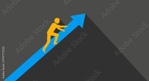 A person climbing an upward blue arrow, symbolizing progress, growth, and achievement against a dark background.