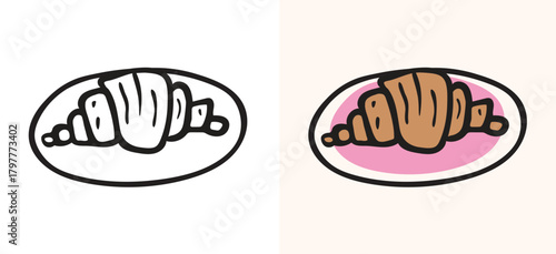 Hand drawn croissant on a round plate vector illustration in sketch doodle style. Delicious French pastry graphic element perfect for bakery, cafe, breakfast. line art drawing of croissant on a dish.