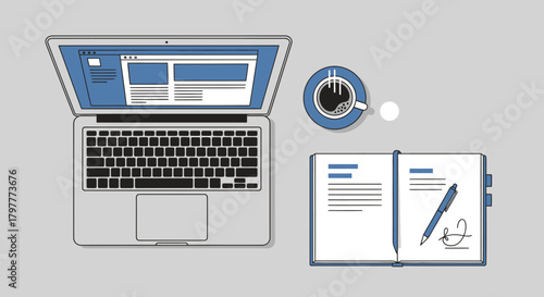 Overhead view of a laptop, notebook, pen, and coffee cup on a gray surface.