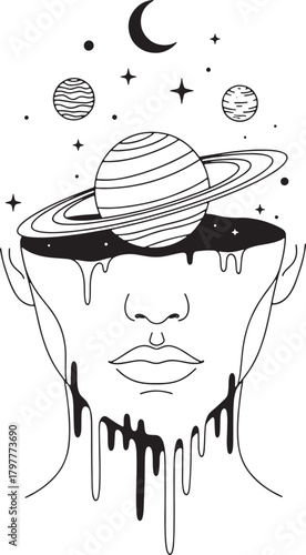 Surreal illustration of a head filled with planets and stars