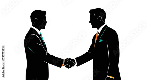 Silhouette illustration of two businessmen in formal suits shaking hands, symbolizing a professional agreement or partnership.