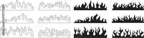 Flame border vector set with black and outline fire designs featuring decorative burning silhouettes for decals, tattoos, graphics, and creative illustration elements.