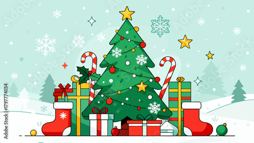 A collection of Christmas decorations, featuring cartoon hand-drawn vector illustrations, Christmas trees, bells, gifts, Christmas stockings, reindeer, Santa hats, snowflakes, five-pointed stars, and 