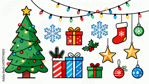 A collection of Christmas decorations, featuring cartoon hand-drawn vector illustrations, Christmas trees, bells, gifts, Christmas stockings, reindeer, Santa hats, snowflakes, five-pointed stars, and 