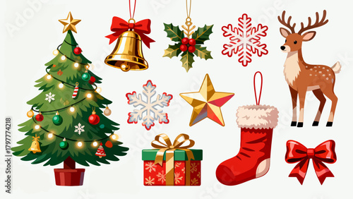 A collection of Christmas decorations, featuring cartoon hand-drawn vector illustrations, Christmas trees, bells, gifts, Christmas stockings, reindeer, Santa hats, snowflakes, five-pointed stars, and 