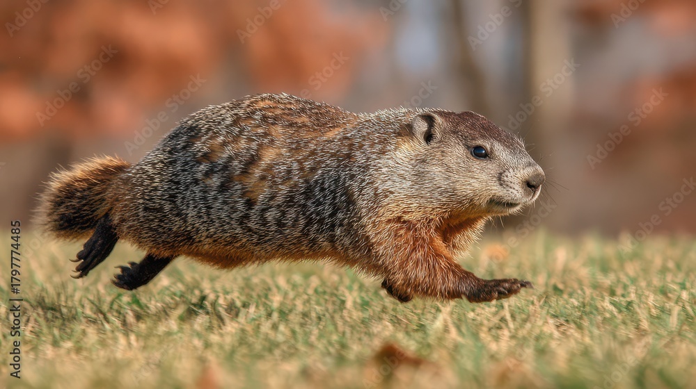 Naklejka premium Energetic Groundhog Sprinting Through a Lush Field Surrounded by Nature