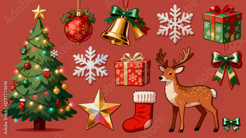 A collection of Christmas decorations, featuring cartoon hand-drawn vector illustrations, Christmas trees, bells, gifts, Christmas stockings, reindeer, Santa hats, snowflakes, five-pointed stars, and 