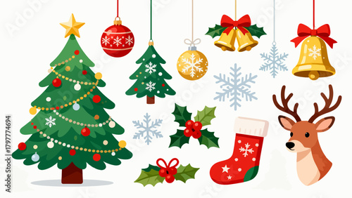 A collection of Christmas decorations, featuring cartoon hand-drawn vector illustrations, Christmas trees, bells, gifts, Christmas stockings, reindeer, Santa hats, snowflakes, five-pointed stars, and 