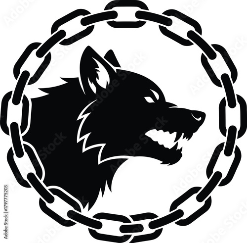 Aggressive snarling wolf emblem with chain border for bold wild nature branding Vector silhouette