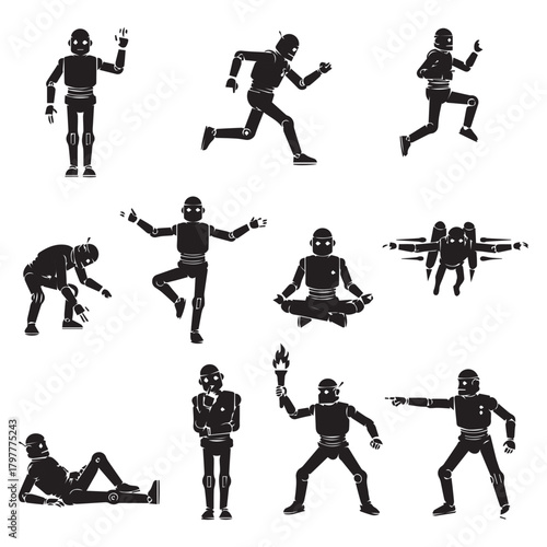 Silhouette illustrations of a robot in various poses and activities.