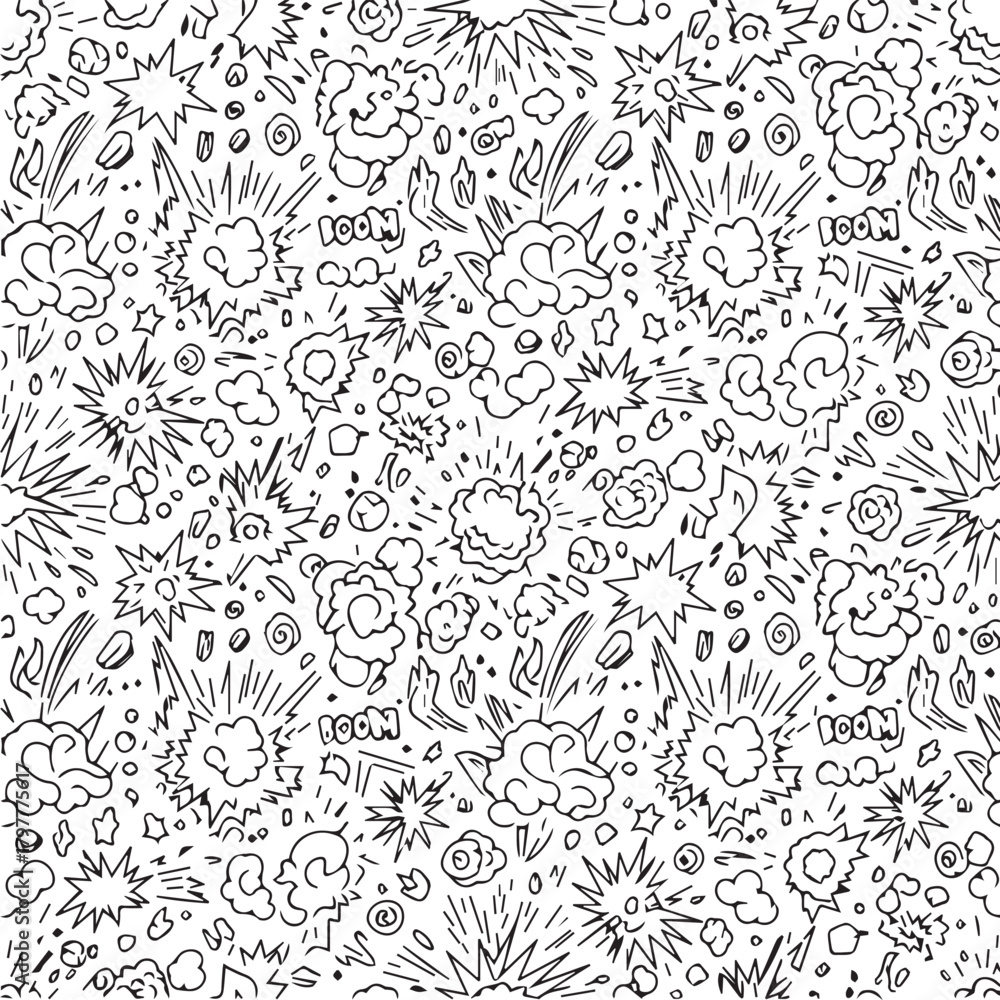 Fototapeta premium A seamless pattern of hand-drawn comic book style explosions and sound effects, rendered in black and white.