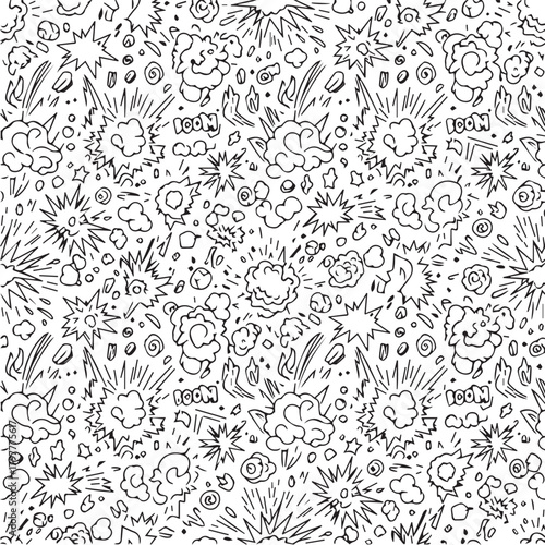 A seamless pattern of hand-drawn comic book style explosions and sound effects, rendered in black and white.