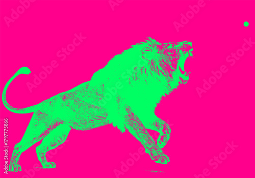 Vibrant retro xerography poster of a roaring lion in neon green on hot pink, bold dynamic wildlife illustration with striking contrast.