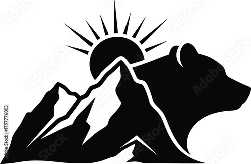 Minimalist black bear with mountain peak concept for outdoor adventure identity Vector silhouette