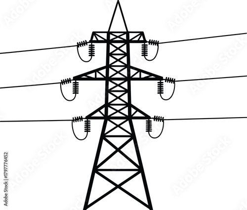 High voltage pylon with power transmission lines for energy and utility concept Vector silhouette