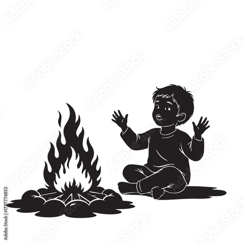 a_baby_sitting_in_front_of_a_fire_traced