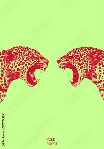 Vintage xerography poster with two roaring leopards in red on a neon green background, bold retro wildlife art with strong dramatic contrast.