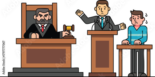 Courtroom Drama Judge, Lawyer, and Anxious Defendant in Session