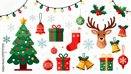 A collection of Christmas decorations, featuring cartoon hand-drawn vector illustrations, Christmas trees, bells, gifts, Christmas stockings, reindeer, Santa hats, snowflakes, five-pointed stars, and 