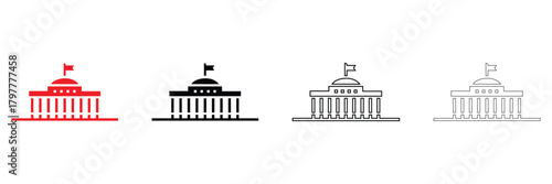 parliament govt building, government building with flag vector icon silhouette and line art