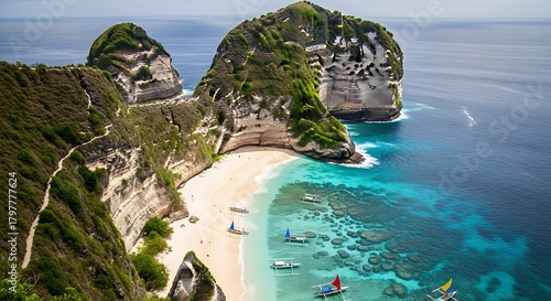 Aerial View of Diamond Beach, Nusa Penida, Bali, Indonesia.