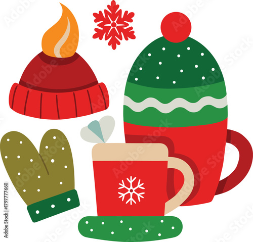 Cozy winter elements a warm hat with flame, a snowflake, mittens, and hot drinks in mugs