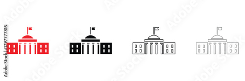 parliament govt building, government building with flag vector icon silhouette and line art