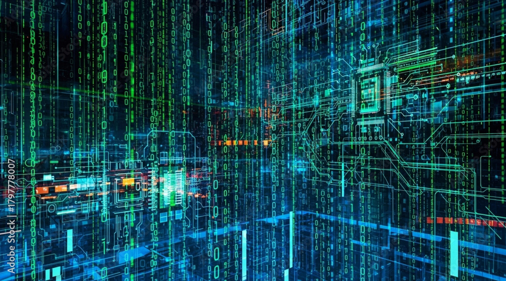 Naklejka premium Abstract futuristic dark cyberspace with glowing vertical binary code digital data stream and electronic circuit board elements