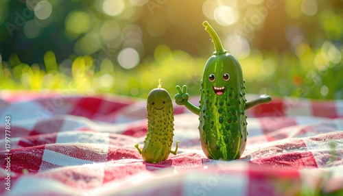 Fototapeta Naklejka Na Ścianę i Meble -  Two anthropomorphic pickles with cartoon faces smiling and waving on a red and white checkered picnic blanket in a sunlit grassy park on a summer day