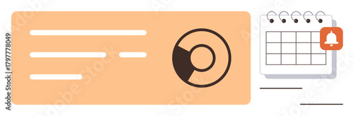 Circular progress chart next to calendar with reminder alert icon. Ideal for time management, organization, productivity, planning, task tracking, scheduling, minimalistic data representation. A