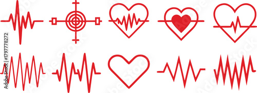 Collection of red heartbeats and cardiogram icons