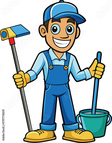 Happy cartoon cleaner man with mop and bucket
