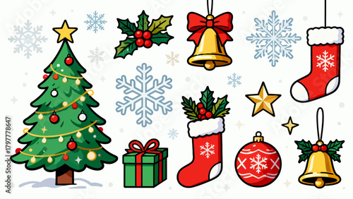 A collection of Christmas decorations, featuring cartoon hand-drawn vector illustrations, Christmas trees, bells, gifts, Christmas stockings, reindeer, Santa hats, snowflakes, five-pointed stars, and 