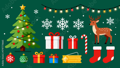A collection of Christmas decorations, featuring cartoon hand-drawn vector illustrations, Christmas trees, bells, gifts, Christmas stockings, reindeer, Santa hats, snowflakes, five-pointed stars, and 
