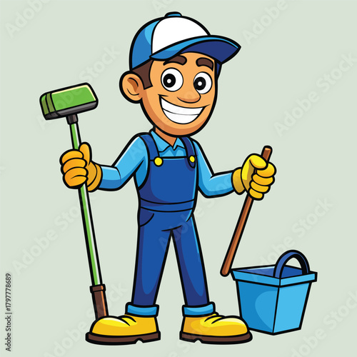 Smiling cartoon cleaner man in blue overalls holding a mop and broom with a bucket