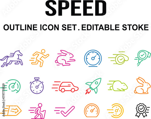 Speed Outline Icon Set – Editable Stroke Vector Featuring Fast, Turbo, Movement, Productivity, and More