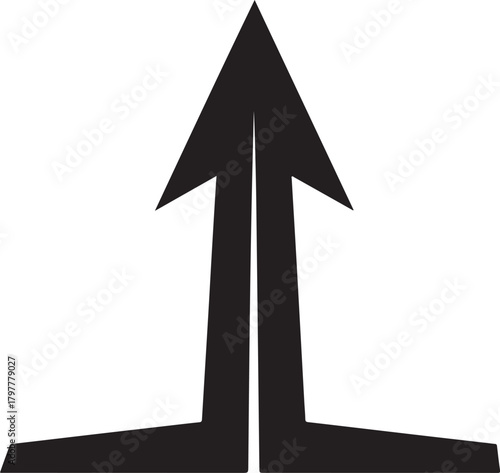 A stark black abstract graphic design featuring two upward pointing arrows emerging from a horizontal base creating a sense of upward momentum and progress