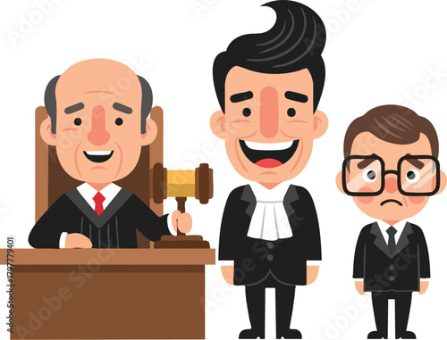 Illustration of a Cartoon Judge with a Gavel, Prosecutor, and Sad Defendant