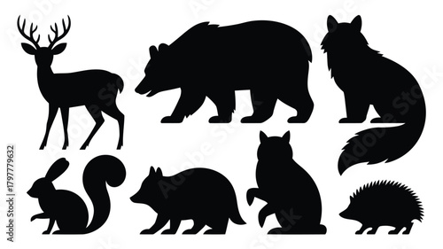 Wildlife silhouettes for your creative projects: deer, bear, fox, rabbit, squirrel, raccoon, hedgehog add a touch of nature to any design