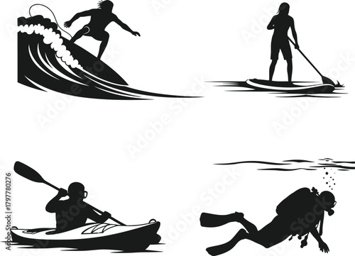 Silhouettes of water sports activities including surfing kayaking paddleboarding and scuba diving