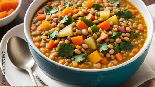 Hearty Lentil Soup: A vibrant bowl of steaming lentil soup, brimming with colorful diced vegetables, offering a wholesome and nourishing culinary experience.