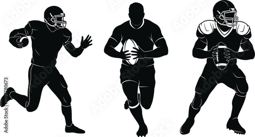 Three silhouette american football players in action poses on white background
