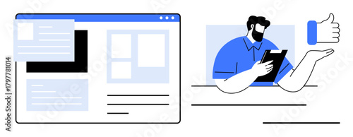 Man holding tablet reviewing digital content beside interface layout and thumbs-up gesture. Ideal for teamwork, collaboration, feedback, content evaluation, online approval, creativity, simple flat