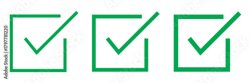Tick mark with checkbox icon. Green checkmark sign for app, ui, website. Green check mark icon. Check mark vector icon. Correct vote choise isolated symbol. Green checkbox on white background.