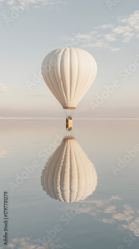 A serene white hot-air balloon reflected perfectly on calm water